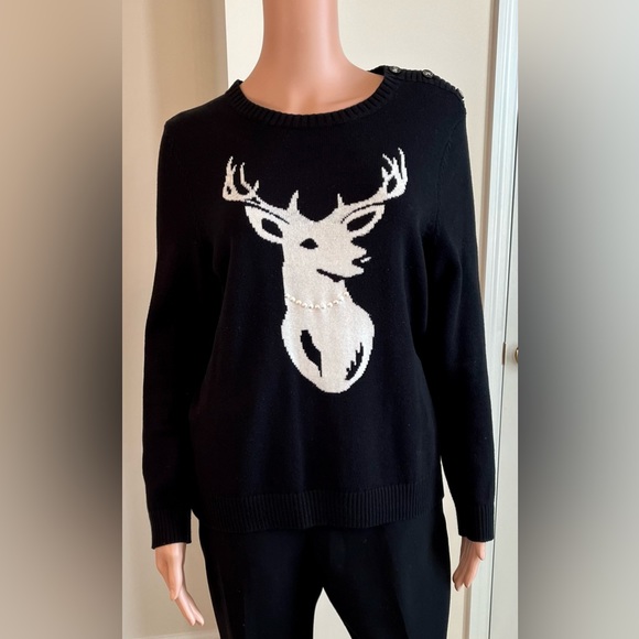 Glitzy Pearl Necklace Holiday Reindeer Sweater Charter Club Petite Size PXL - Picture 1 of 6